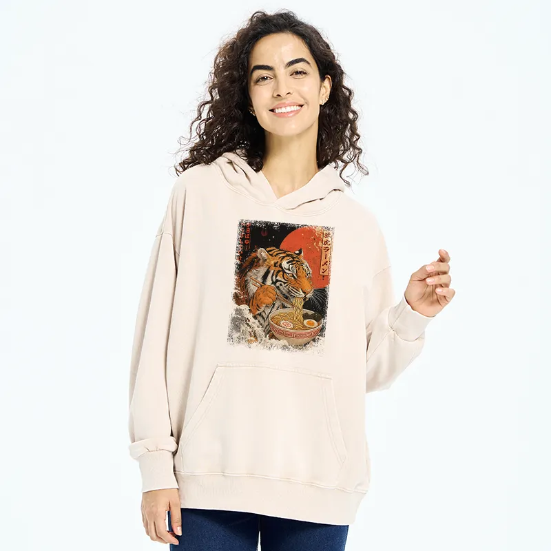 Tokyo-Tiger Ukiyoe Japan Tiger Eating Ramen Washed Hoodie
