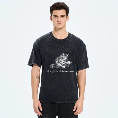 Tokyo-Tiger Meme Cat Reading Mystery Book Washed T-Shirt
