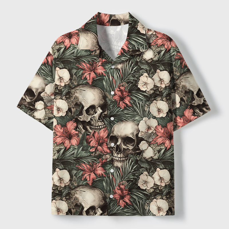 Tokyo-Tiger Skulls And Blooms Cuban Collar Shirt