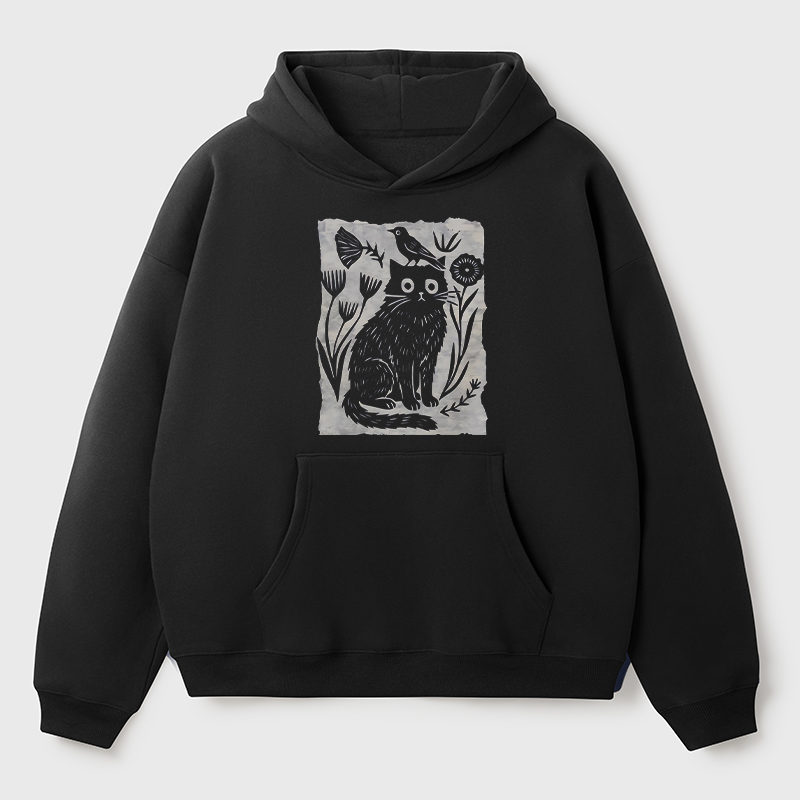 Tokyo-Tiger Folk Paper Cut Cat Bird Floral Art Adult Fleece Hoodie
