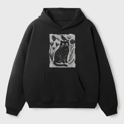 Tokyo-Tiger Folk Paper Cut Cat Bird Floral Art Adult Fleece Hoodie