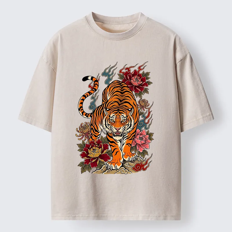 Tokyo-Tiger Floral Tiger Art Washed T-Shirt