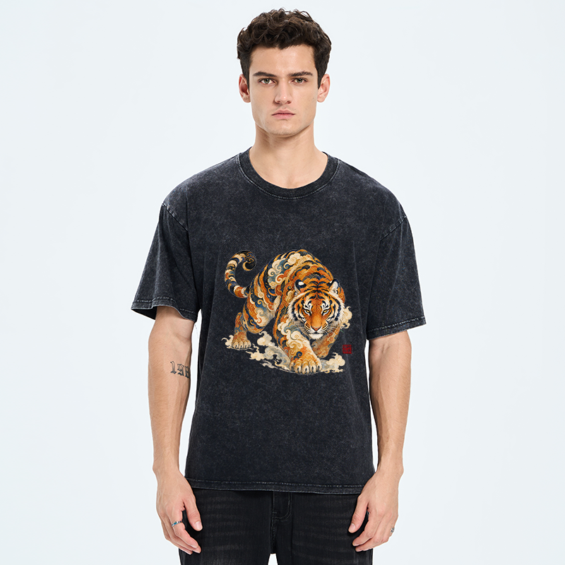 Tokyo-Tiger Vintage Cloud Tiger Print Washed T-Shirt