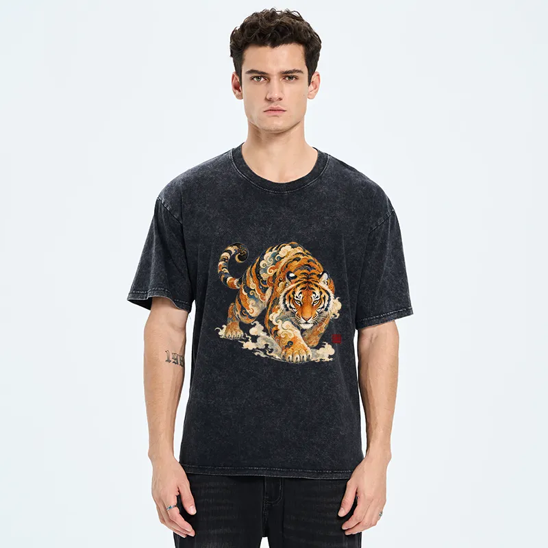 Tokyo-Tiger Vintage Cloud Tiger Print Washed T-Shirt