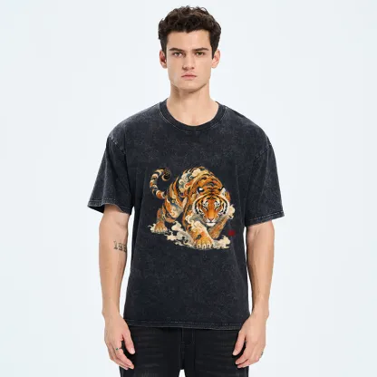 Tokyo-Tiger Vintage Cloud Tiger Print Washed T-Shirt