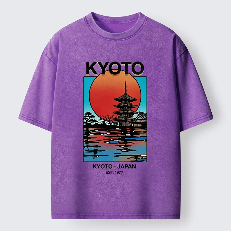 Tokyo-Tiger Japanese Temple Sunset Art Washed T-Shirt