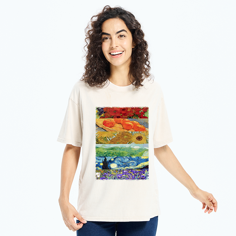 Tokyo‑Tiger Van Gogh Floral Scene Art Washed T‑Shirt