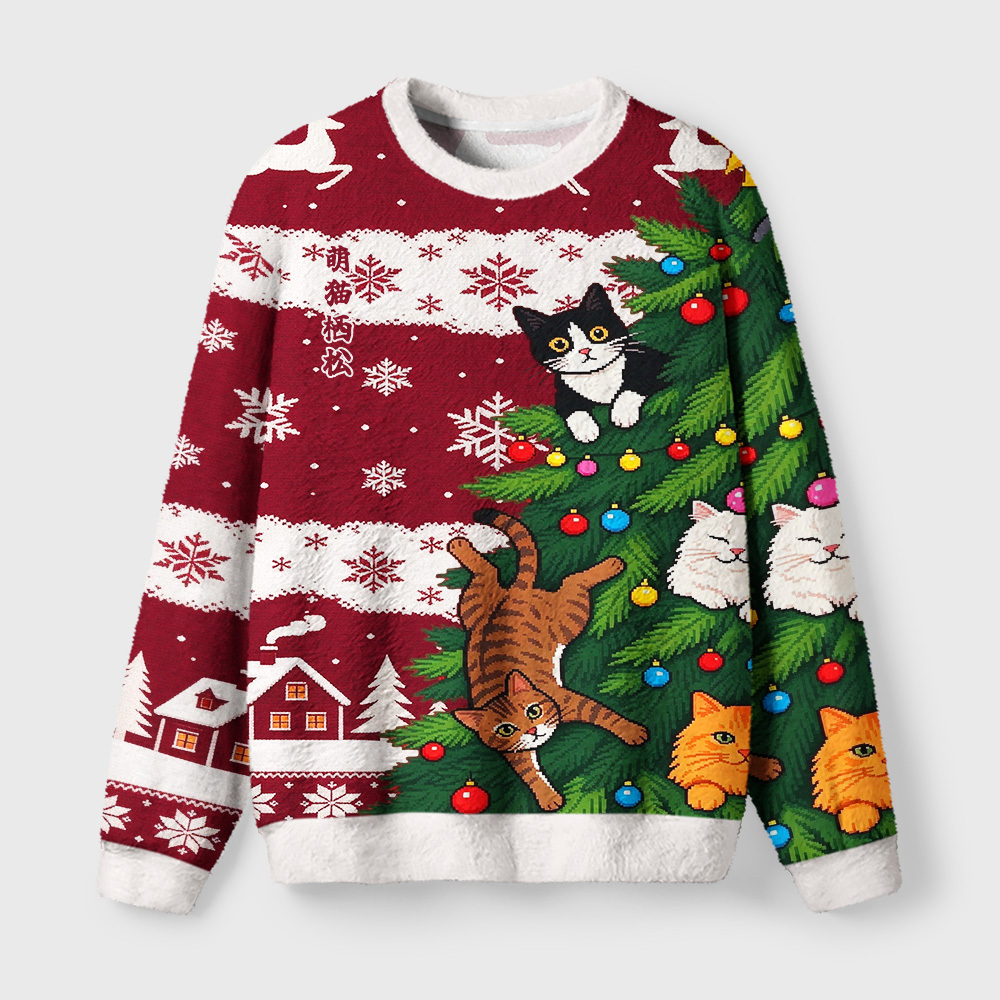 Tokyo-Tiger Cats in Pine Fuzzy Christmas Ugly Sweatshirt