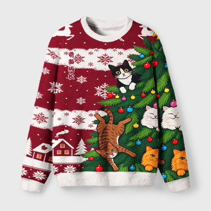 Tokyo-Tiger Cats in Pine Fuzzy Christmas Ugly Sweatshirt