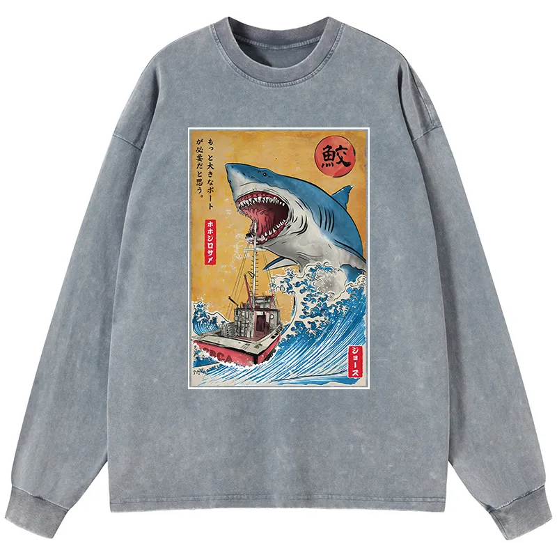 Tokyo-Tiger Ukiyoe Shark Japan Washed Long Sleeve T-Shirt