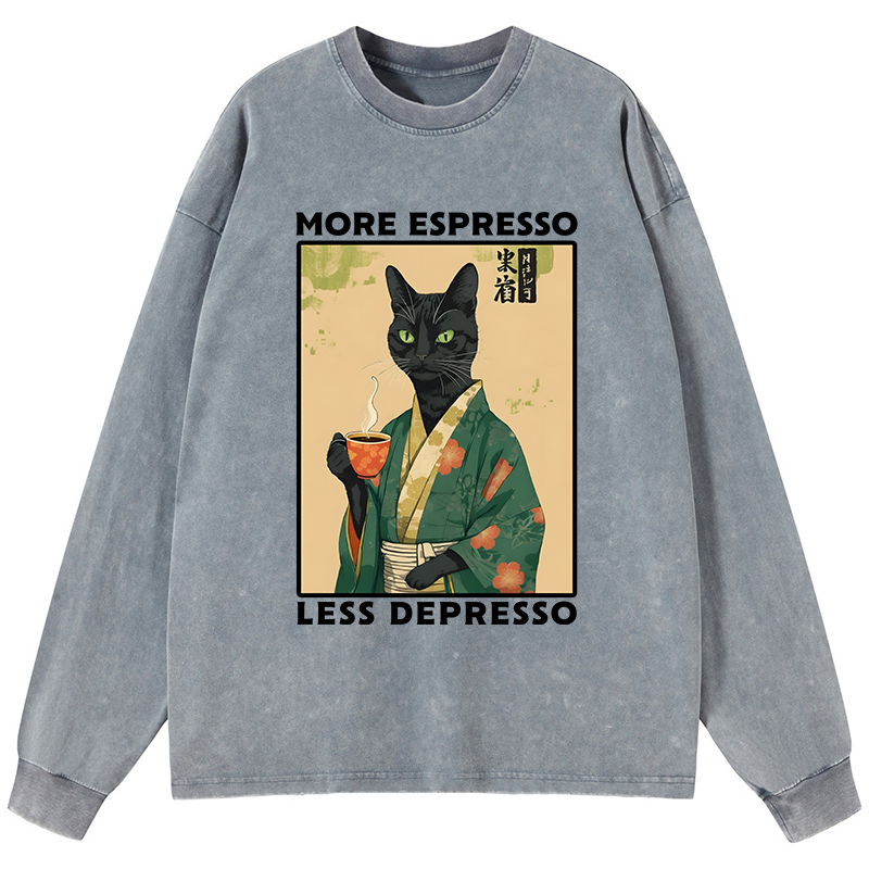 Tokyo-Tiger More Caffeine Less Sadness Washed Long Sleeve T-Shirt