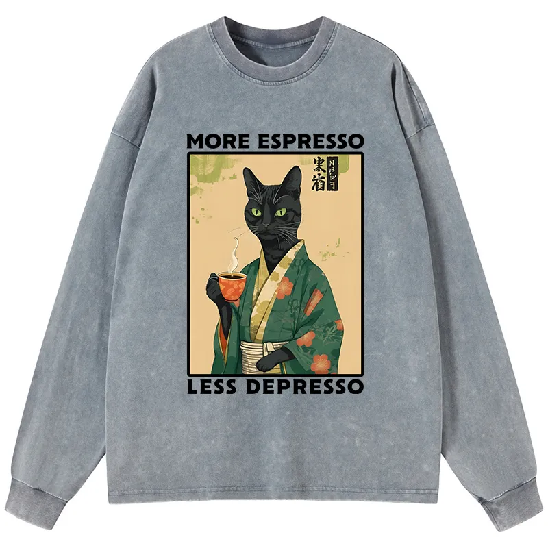 Tokyo-Tiger More Caffeine Less Sadness Washed Long Sleeve T-Shirt