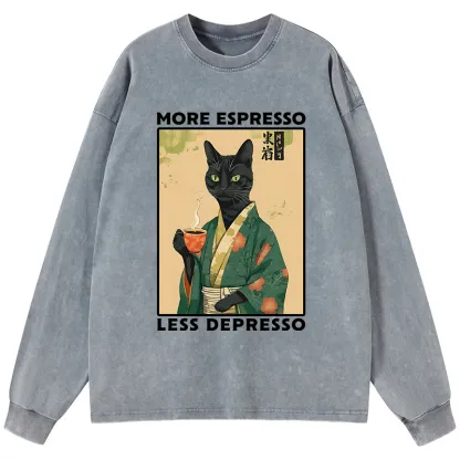 Tokyo-Tiger More Caffeine Less Sadness Washed Long Sleeve T-Shirt