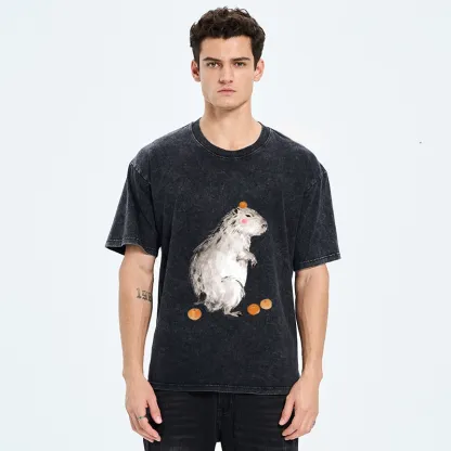 Tokyo-Tiger Orange On Capybara Funny Washed T-Shirt