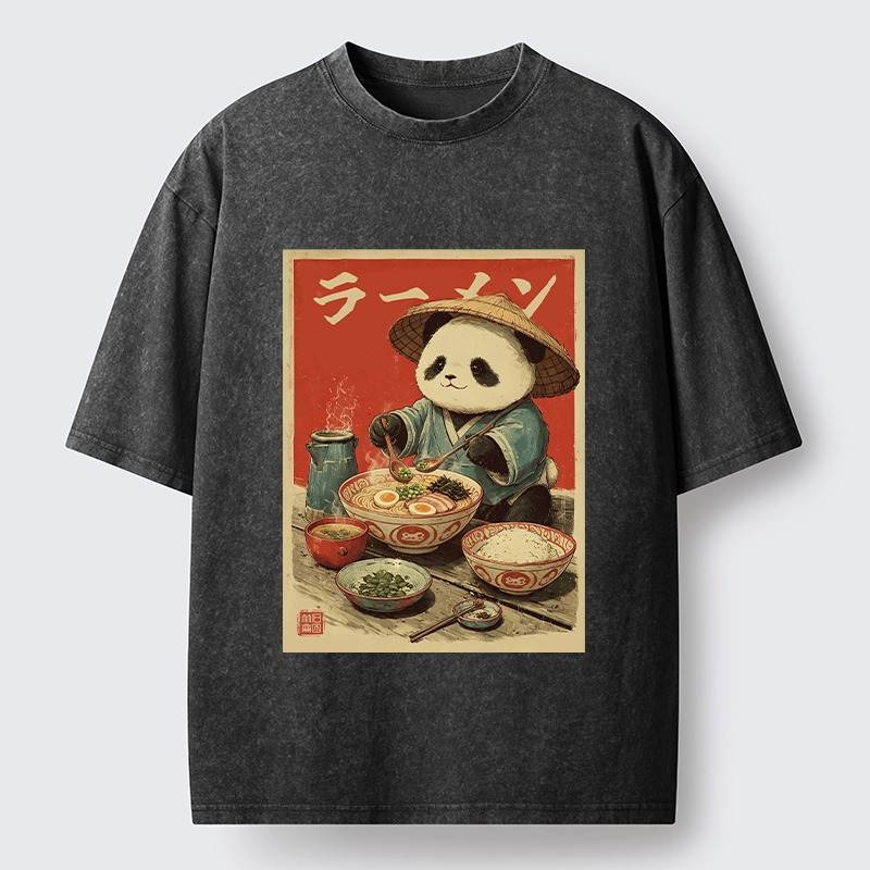 Tokyo-Tiger Panda Enjoying Ramen Washed T-Shirt