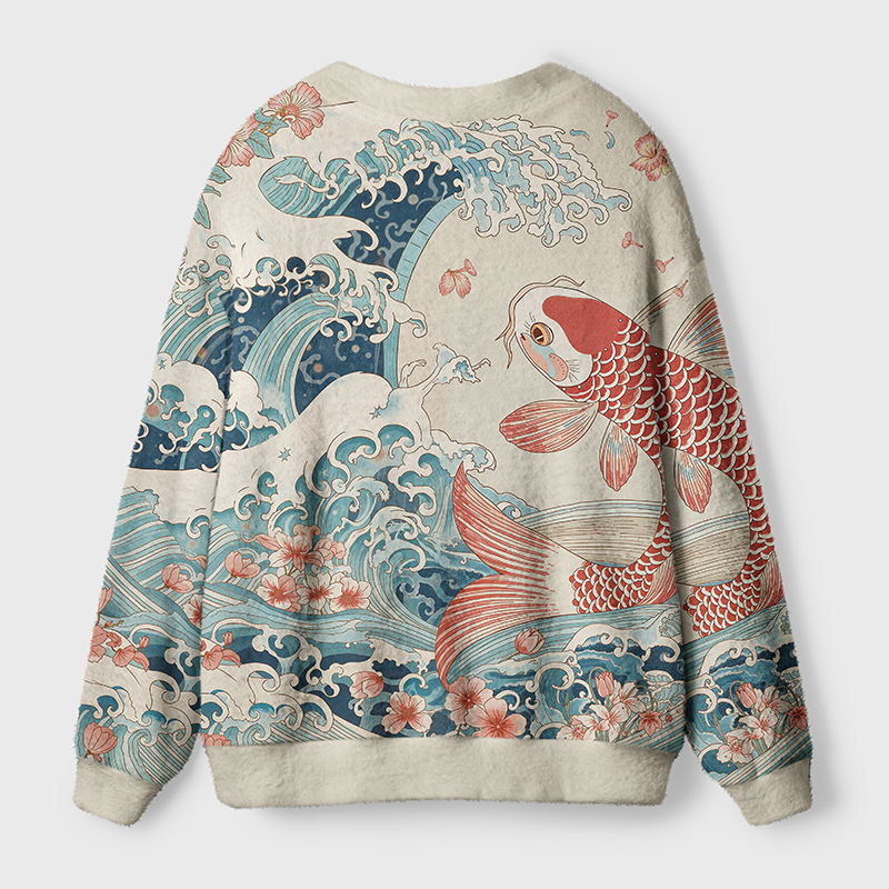 Tokyo-Tiger Koi With Sakura Waves Ugly Cardigan Sweater