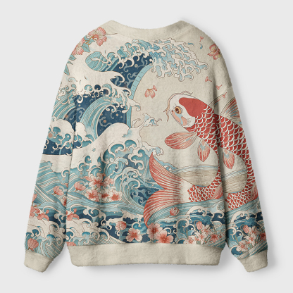 Tokyo-Tiger Koi With Sakura Waves Ugly Cardigan Sweater