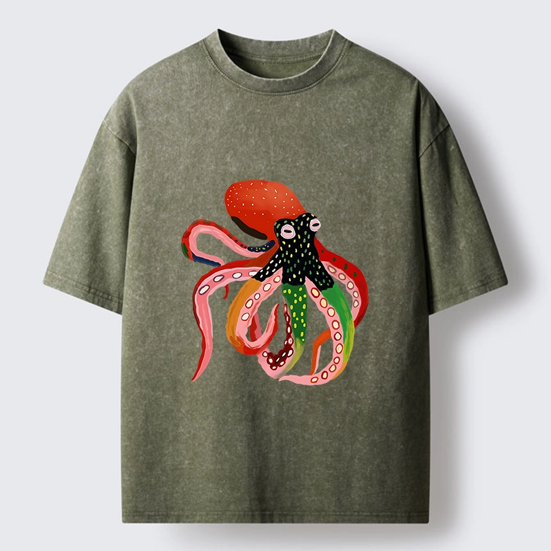 Tokyo‑Tiger Colorful Octopus Art Washed T‑shirt