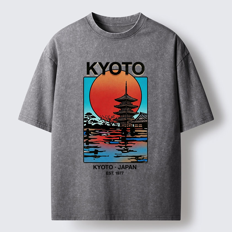 Tokyo-Tiger Japanese Temple Sunset Art Washed T-Shirt