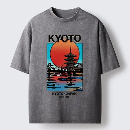 Tokyo-Tiger Japanese Temple Sunset Art Washed T-Shirt
