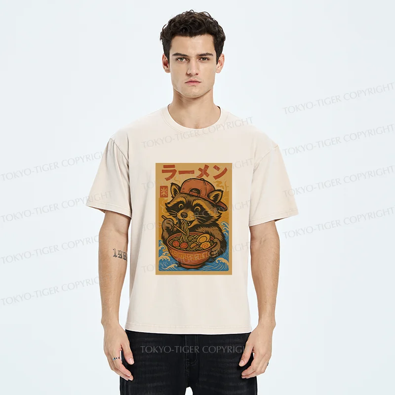 Tokyo-Tiger Cute Raccoon Eating Ramen Washed T-Shirt