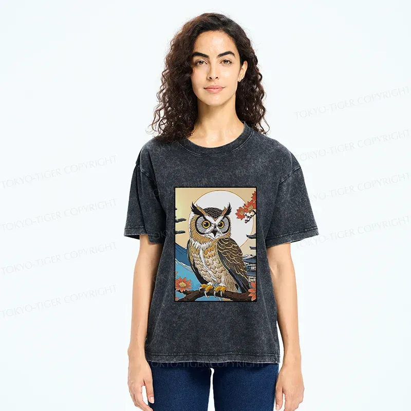 Tokyo-Tiger Owl Ukiyo-e Washed T-Shirt