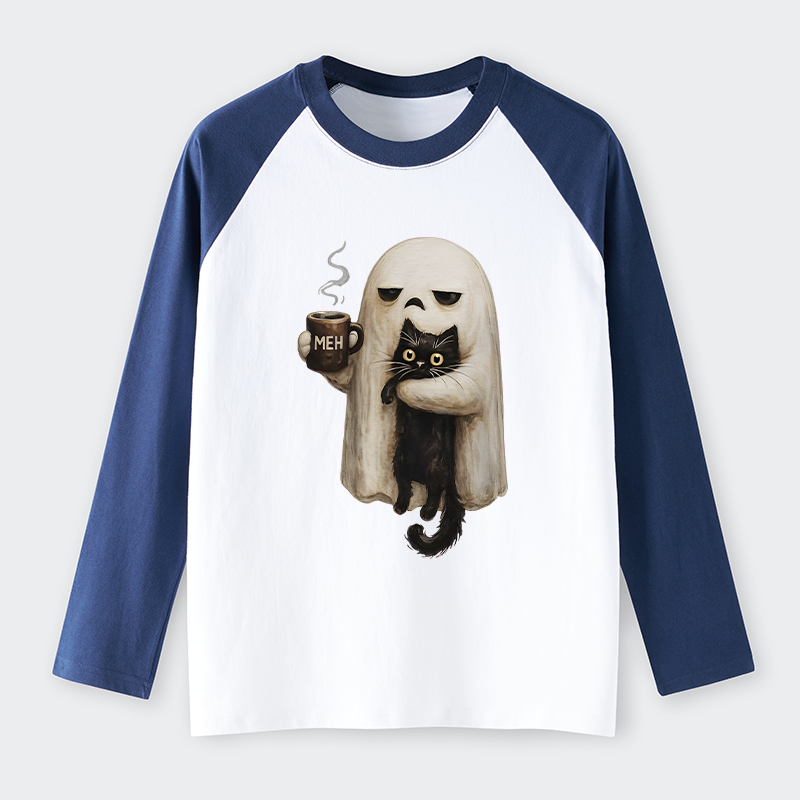 Tokyo-Tiger Ghost Cat Coffee Mood Raglan Long Sleeve T-shirt