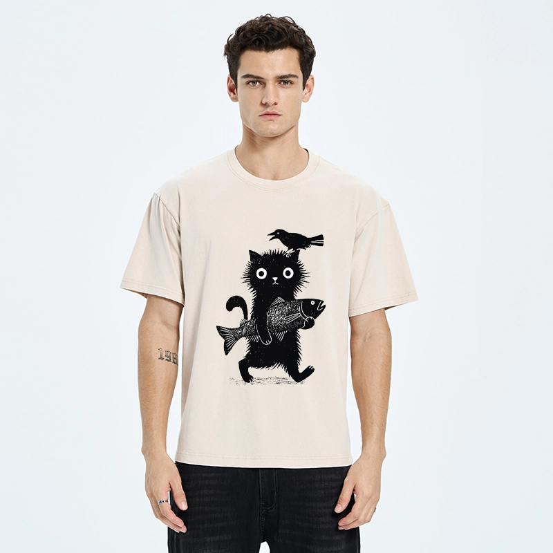 Tokyo-Tiger Wild Fluffy Cat Fish Crow Vintage Print Washed T-Shirt