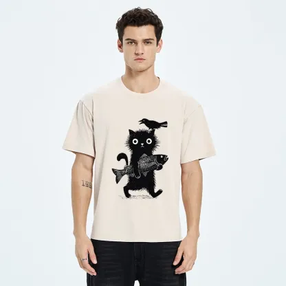 Tokyo-Tiger Wild Fluffy Cat Fish Crow Vintage Print Washed T-Shirt