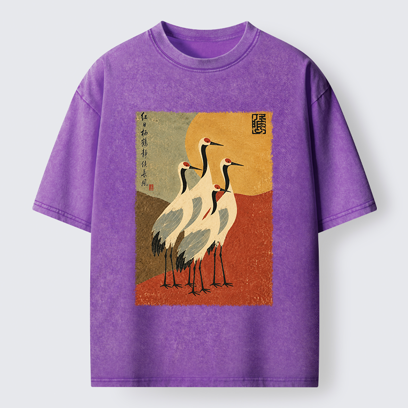 Tokyo-Tiger Oriental Crane Group Painting Washed T-Shirt