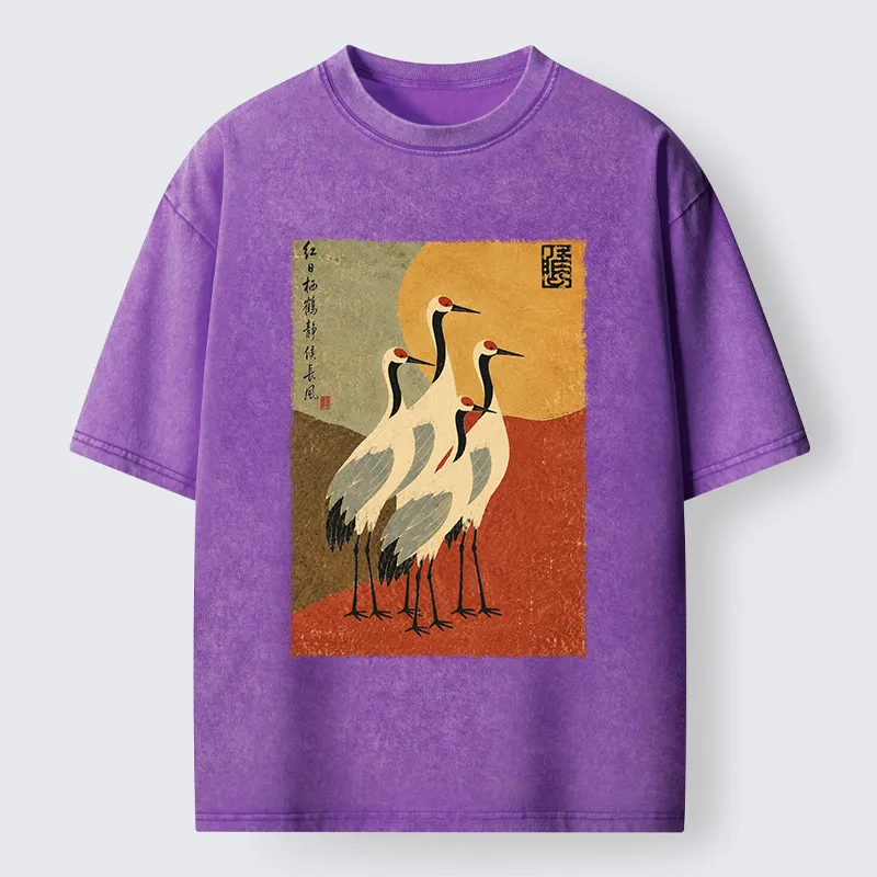 Tokyo-Tiger Oriental Crane Group Painting Washed T-Shirt
