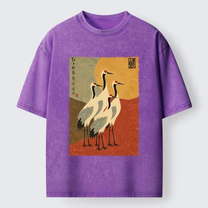 Tokyo-Tiger Oriental Crane Group Painting Washed T-Shirt