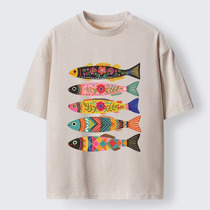 Tokyo-Tiger Colorful Patterned Fish Washed T-Shirt