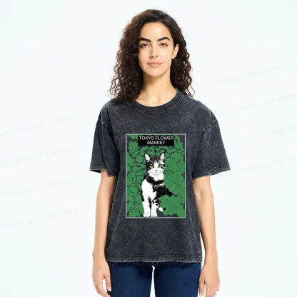 Tokyo-Tiger Cat In The Grass Washed T-Shirt