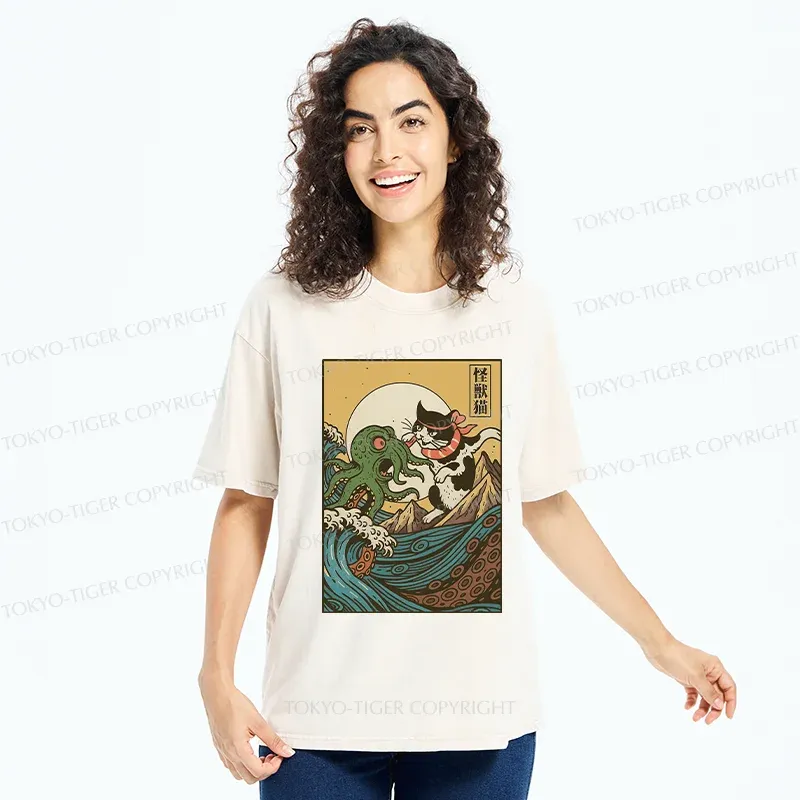 Tokyo-Tiger Cat And Octopus Battle Funny Washed T-Shirt