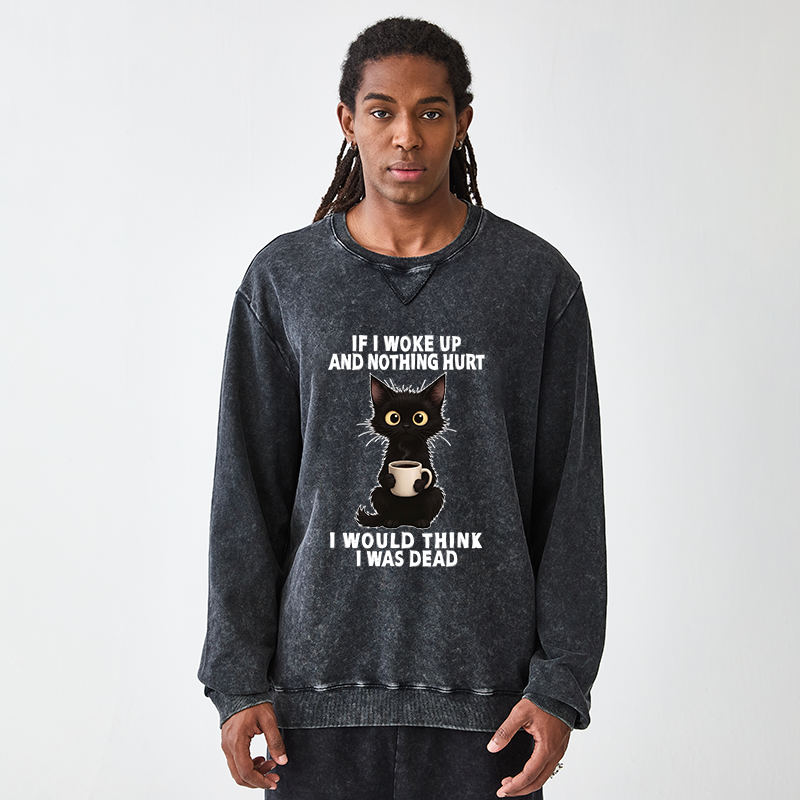 Tokyo-Tiger Funny Cute Black Cat And Coffee Meme Washed Terry Sweatshirt