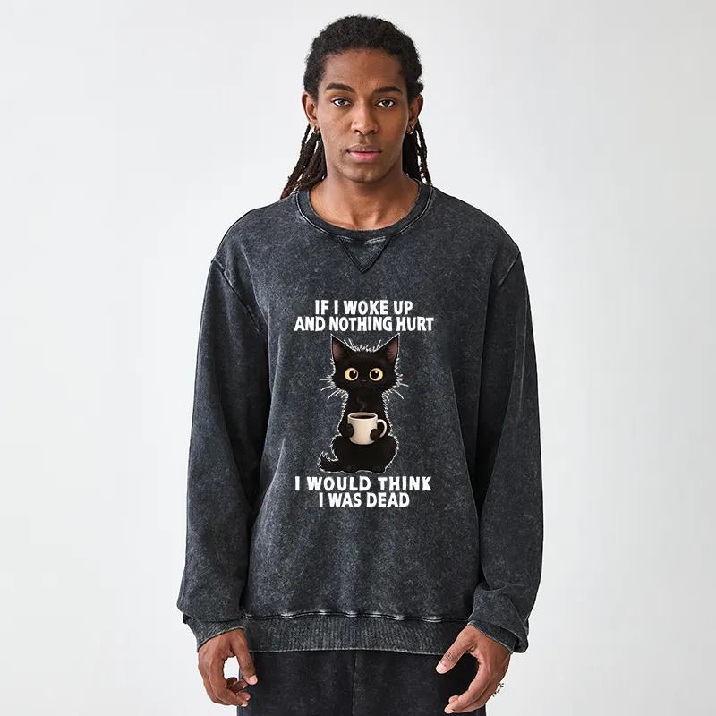 Tokyo-Tiger Funny Cute Black Cat And Coffee Meme Washed Terry Sweatshirt