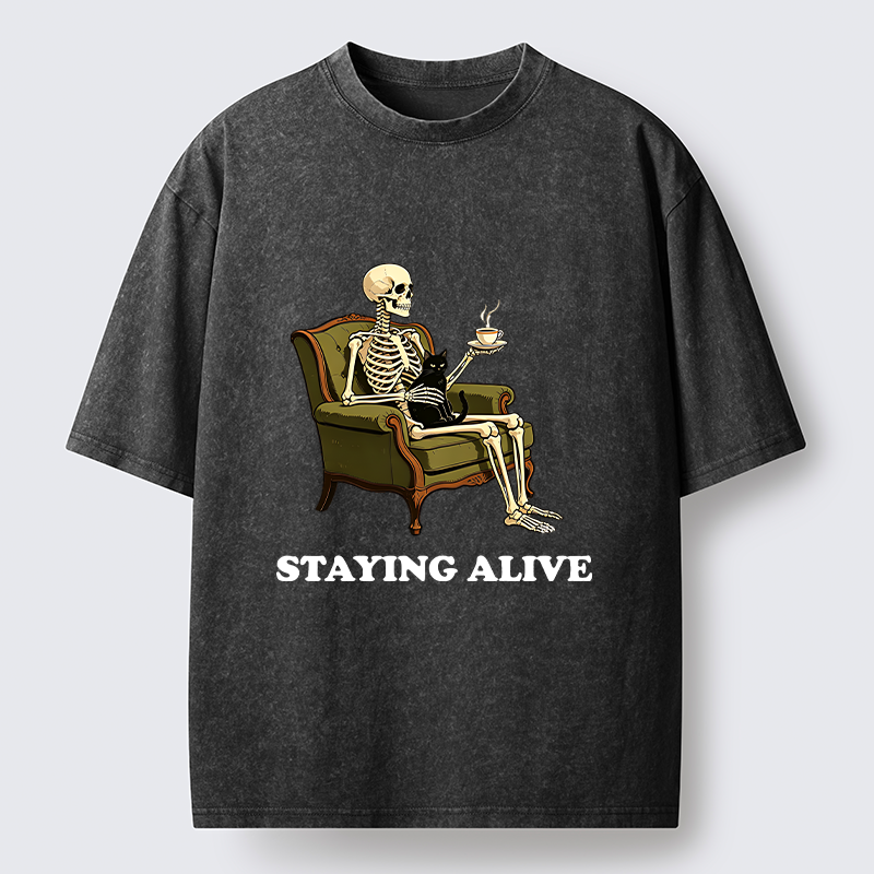 Tokyo‑Tiger Skeleton Coffee Cat Washed T‑Shirt