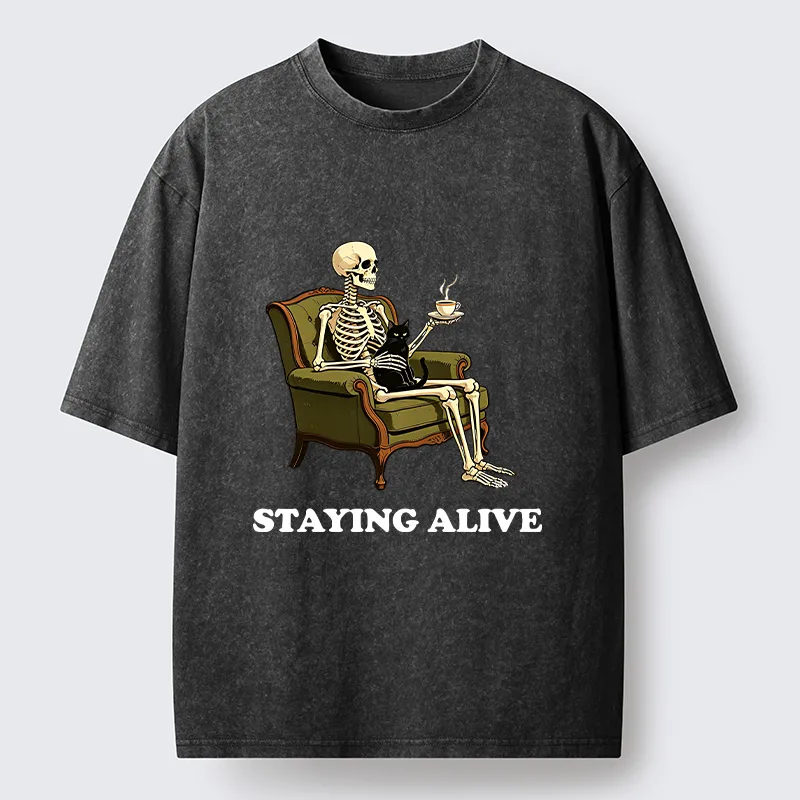 Tokyo‑Tiger Skeleton Coffee Cat Washed T‑Shirt
