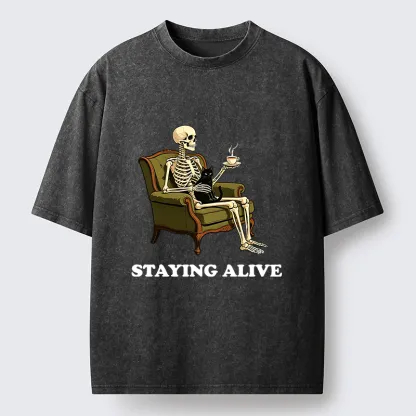 Tokyo‑Tiger Skeleton Coffee Cat Washed T‑Shirt
