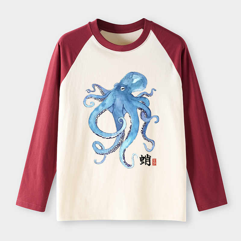 Tokyo-Tiger Watercolor Blue Octopus Raglan Long Sleeve T-shirt