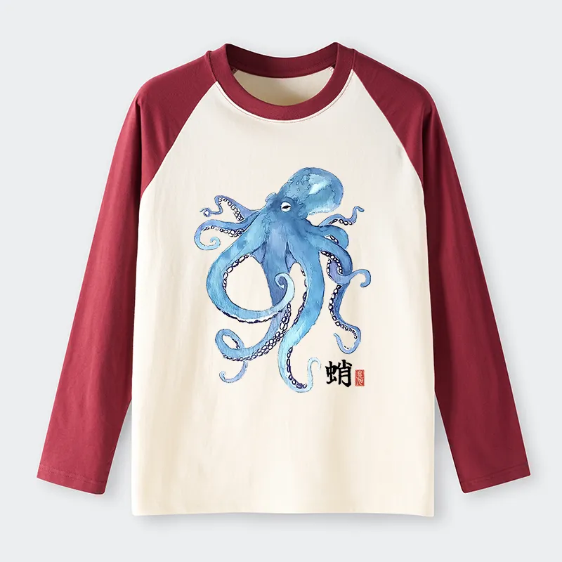 Tokyo-Tiger Watercolor Blue Octopus Raglan Long Sleeve T-shirt