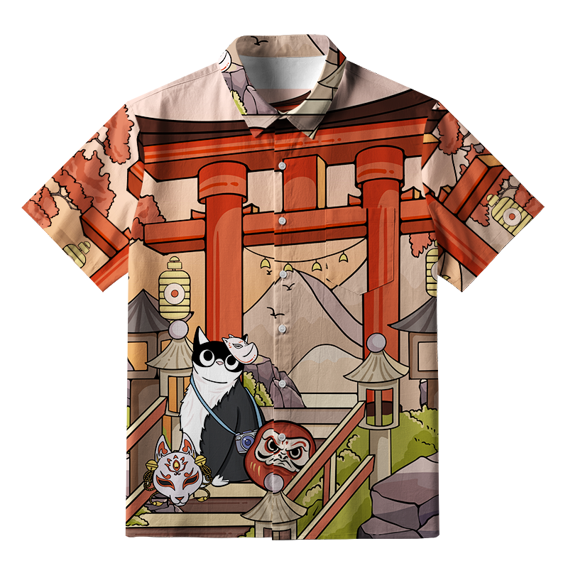 Tokyo-Tiger Mysterious Torii And Cat Button-up Shirt