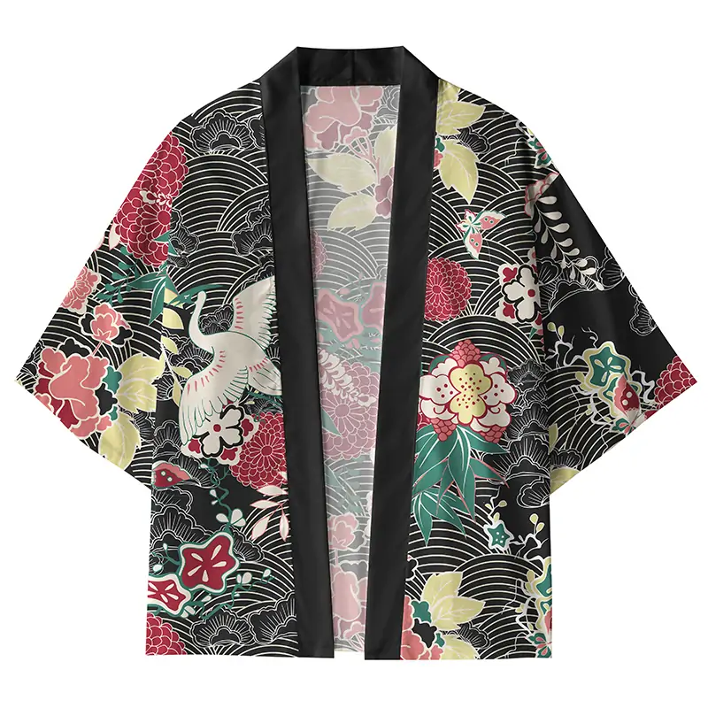 Tokyo-Tiger Crane and Flowers Kimono Cardigan
