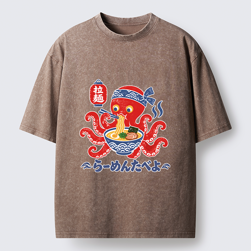 Tokyo-Tiger Vintage Octopus Eating Ramen Washed T-Shirt
