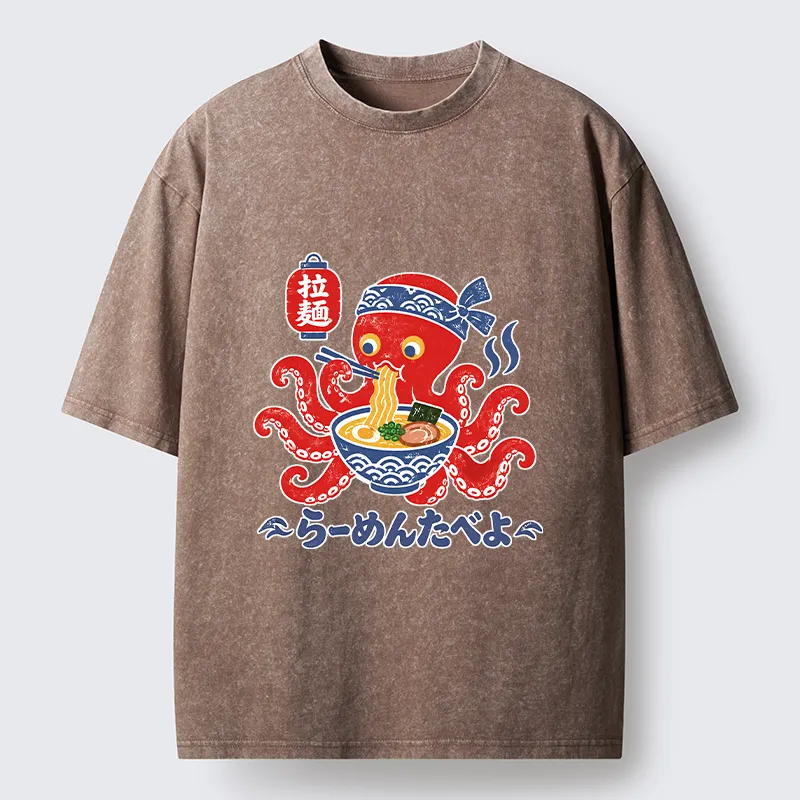 Tokyo-Tiger Vintage Octopus Eating Ramen Washed T-Shirt