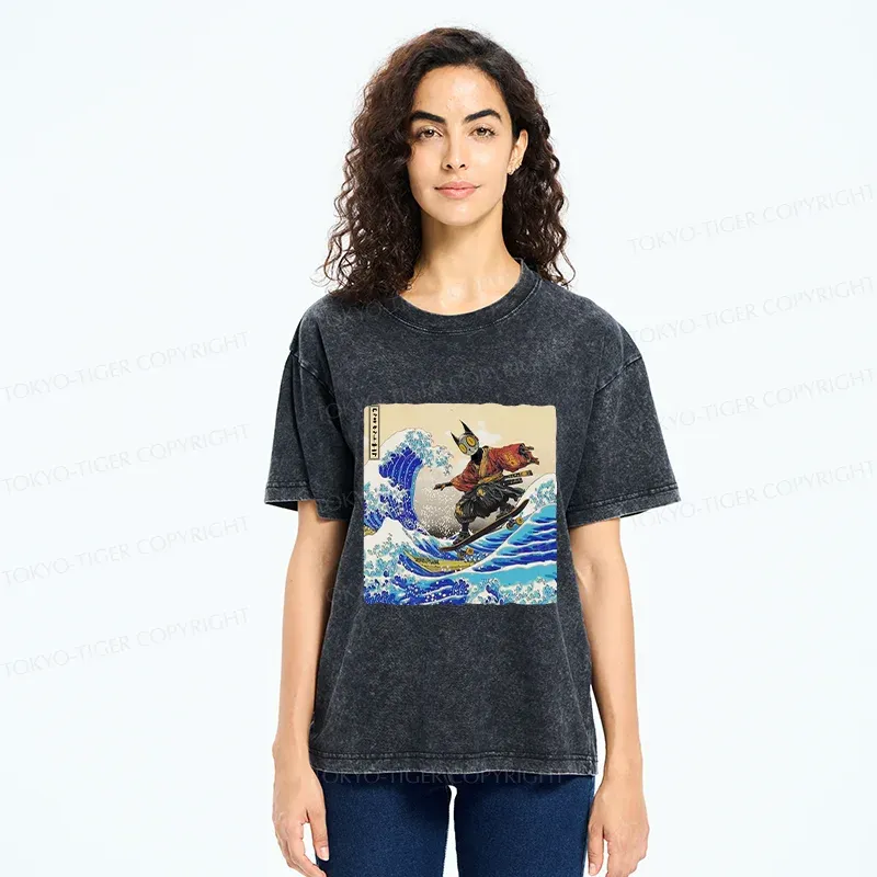 Tokyo-Tiger Surfing Machine Cat Washed T-Shirt