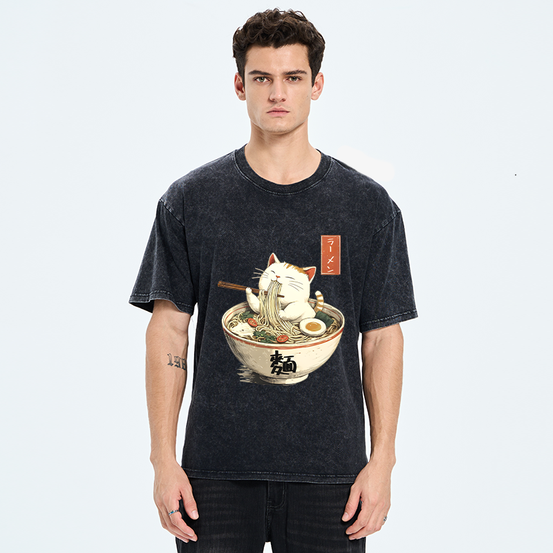 Tokyo-Tiger White Cat Eating Ramen Washed T-Shirt