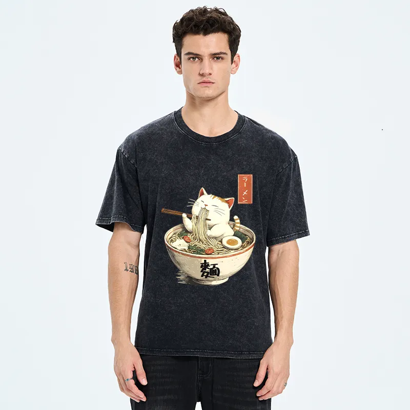 Tokyo-Tiger White Cat Eating Ramen Washed T-Shirt
