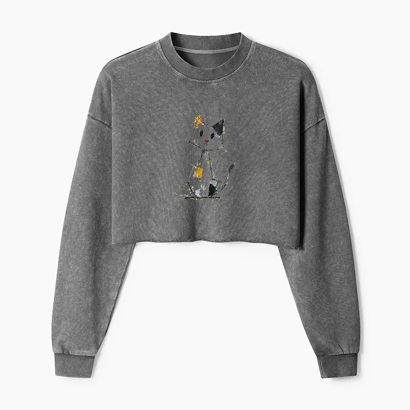 Tokyo-Tiger Minimal Splash Ink Cute Cat Washed Crop Sweatshirt